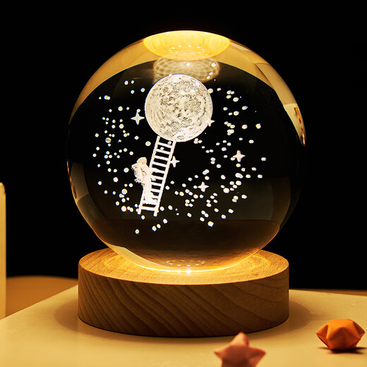 Yunya Starry Sky Astronaut 3D Internally Carved White Crystal Ball Luminous Base Night Light Creative Glass Ball Ornaments for Boys and Girls Solar System 6cm + Warm Light Base Color Box
