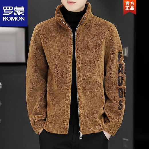 ROMON fur one-piece jacket men's winter thickened velvet stand-up collar loose casual men's lamb velvet cotton jacket stand-up collar gray XL