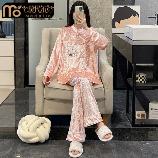 莫代尔金丝绒睡衣女春秋季长袖2025新款可外穿时尚秋冬天国风家居服套装 CM-753-香槟色 M