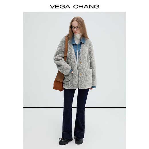 VEGA CHANG皮毛一体外套女2025年秋冬新款牛仔拼接假两件毛绒上衣 藜麦灰 S