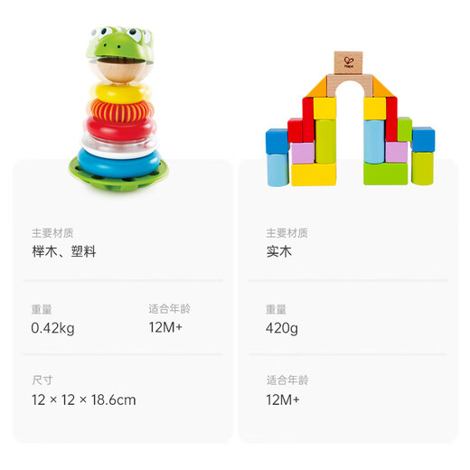 Hape早教益智玩具 木质积木串珠钓鱼玩具青蛙堆堆乐 男孩女孩儿童礼物 青蛙花式圆环堆塔+20粒积木