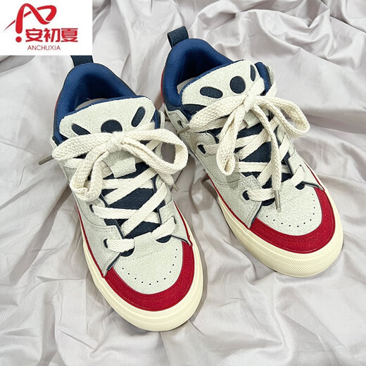 An early summer canvas men's shoes for spring and autumn middle school students American retro skateboard shoes niche design bread casual trendy shoes thick sole red and blue (main picture model) 41