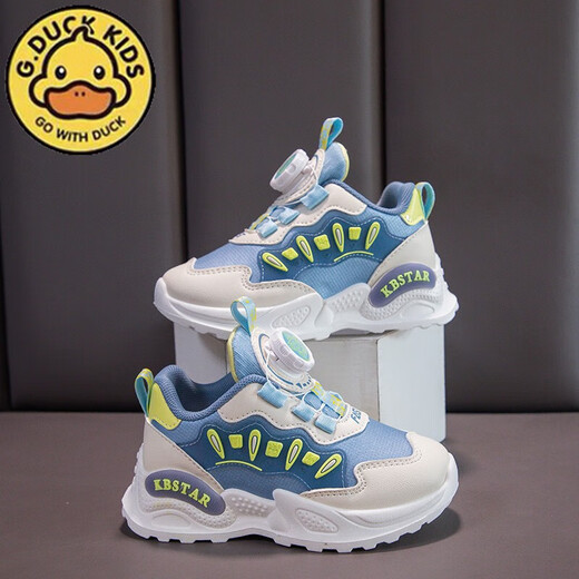 
G.DUCKKIDS little yellow duck girls shoes spring and autumn leather waterproof little girl dad shoes rotating button soft sole sneakers running shoes BS-denim blue 9929 (leather surface) size 27 size 16.9cm