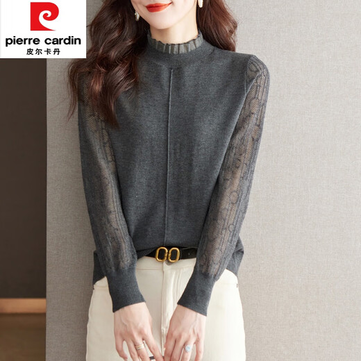Pierre Cardin Spring and Automne mince Pull à manches longues pour les femmes Court automne et hiver 2025 Nouvelle chemise de base en dentelle intérieure demi-col roulé Top 1396 Beige 2xl [135-150jin [Jin est égal à 0,5 kg]]]