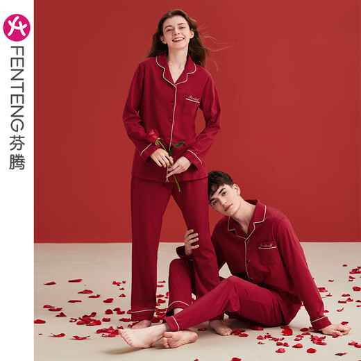Fenten couple pajamas for women summer pure cotton short-sleeved red newlywed men's cotton zodiac year plus size home clothes, maroon (female) J98032548 M recommended female 92-110 Jin Jin equals 0.5 kg, male 105-126 Jin Jin equals 0.5 kg