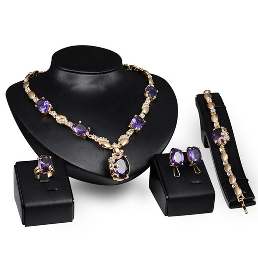 European and American exaggerated necklace and earrings set, imitation gemstone jewelry set, chain, bridal jewelry, wedding dress, four-piece set of accessories