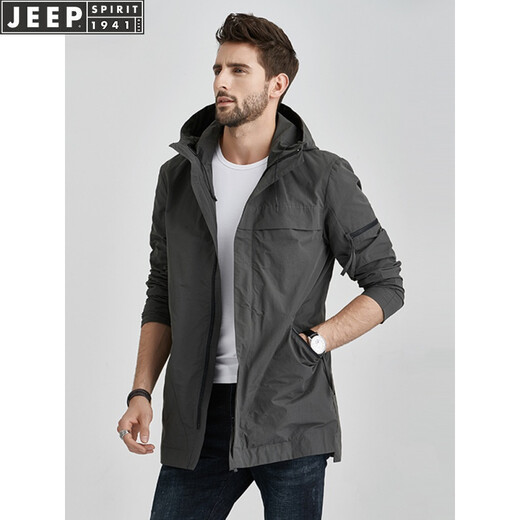 JEEP风衣男士中长款连帽春秋季工装韩版潮流休闲春秋外套 灰色 XL