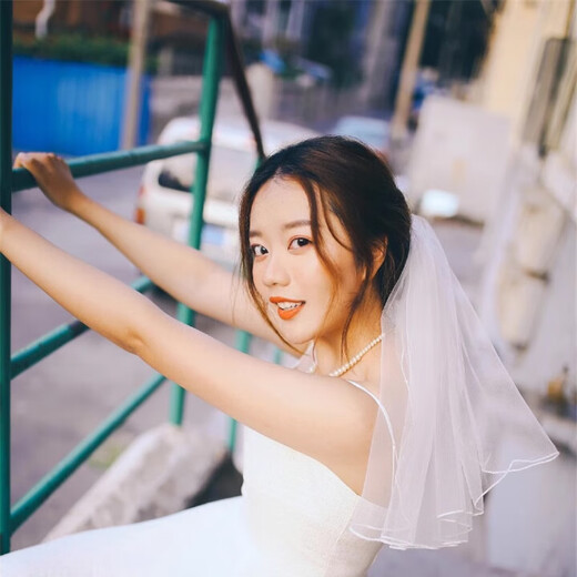缔晶法式白色领证小头纱头饰双层 简约短款新娘结婚登记拍照道具婚纱