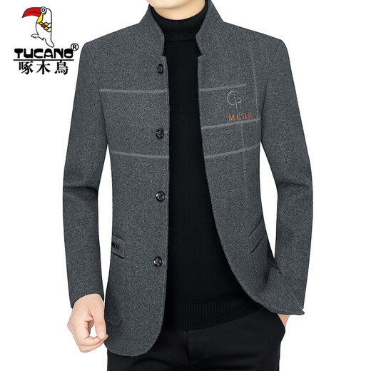 啄木鸟（TUCANO）男装春秋冬季新款中年男士夹克加厚羊毛呢外套男40-50-60 深灰色 170(适合100-115斤)