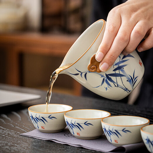 Tangfeng Ru Kiln Travel Tea Set Portable One Pot Four Cups Outdoor Camping Accompanying Tea Making Quick Cup Housewarming Gift Bamboo Rhyming Ruyi Quick Cup