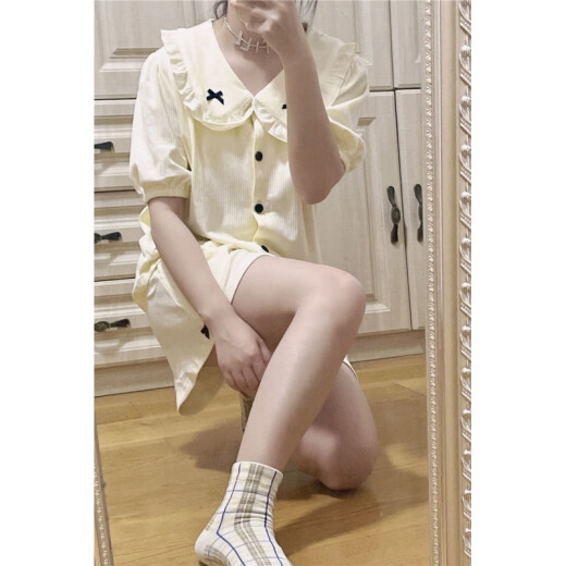 依慕琪纯棉睡衣女夏季薄款娃娃领短袖2022年新款蝴蝶结家居服女短裤套装 7027#粉 均码 m