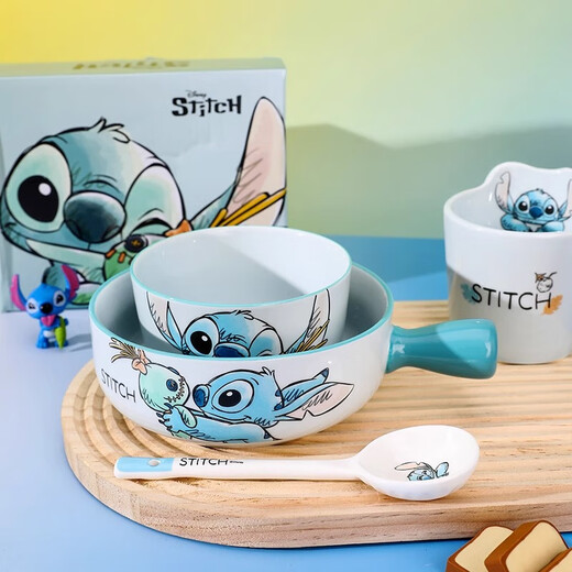 迪士尼（Disney）史迪仔餐具套装陶瓷饭碗辅食碗史迪奇勺子筷子可爱创意水杯礼盒装 史迪仔6英寸手柄碗