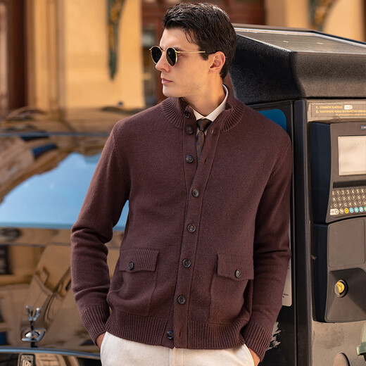 Mr. Cashmere Blend Thickened Sweater Jacket Spring and Autumn Solid Color Retro Knitted Wool Cardigan Men's BT12339 Clearance Coffee L (175)