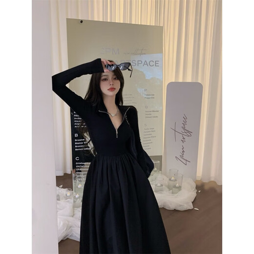 Trumpchi Vuitton large size 300Jin Jin is equal to 0.5kg Hong Kong style slim design stitching long-sleeved dress for fat mm women autumn and winter waist slimming long skirt black 2XL size recommended 150-190Jin Jin is equal to 0.5kg
