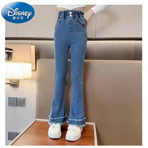 Disney girls jeans summer 2023 fashionable 10 children 7-year-old elementary school student fashion micro-flat trousers 8 children's pants Double lace bell trousers [blue] 120cm