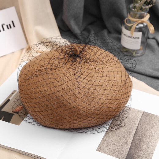 Tuzun hat for women in autumn and winter wool lace mesh beret British retro painter hat Korean Japanese beret fashion black suggested head circumference (56-58cm)