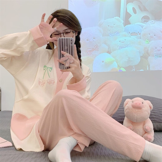 欧鹿汐（OULUXI）纯色皱布棉质月子服春秋孕妇睡衣夏季透气吸汗产妇产后哺乳喂奶衣 AXXE724少女心 XL码 (建议115-135斤)