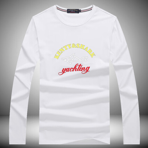 Jane Mas Paul Italian Shark Men's T-shirt Spring and Autumn New Mercerized Cotton Round Neck Long Sleeve T-shirt Men's Letter Print Base Shirt Men Blue-7003 M (110Jin [Jin equals 0.5 kg] to 130Jin [Jin equals 0.5 kg])