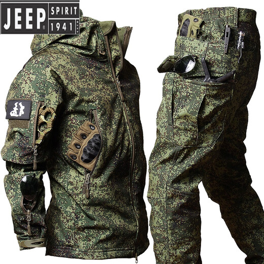 JEEP SPIRIT Jeep Autumn and Winter Men's Thickened Coldproof Waterproof Tactical Jacket Work Camouflage Jacket Plus Velvet Warm Jacket Shark Charge Suit-Black L (131-145Jin Jin equals 0.5kg)