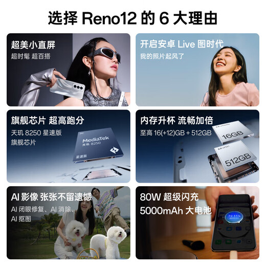 OPPOReno12 Super Beauty and other deep micro-curved straight screen Android Live picture Dimensity flagship core Reno12 Millennium Silver 12GB+512GB stand-alone + third-party charger + store protection for one year