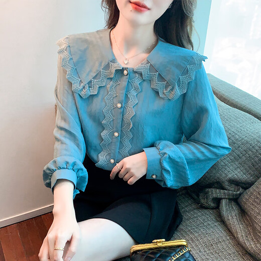 Aubaixi 2026 new autumn style doll collar lace splicing lace chiffon shirt top temperament bottoming shirt for women blue L