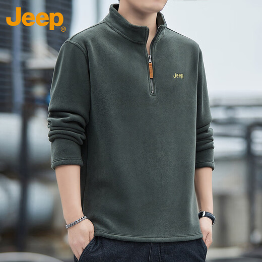 Jeep (JEEP) sweatshirt men's autumn and winter loose long-sleeved T-shirt heavyweight polar fleece thickened warm clothes men's military green 2XL