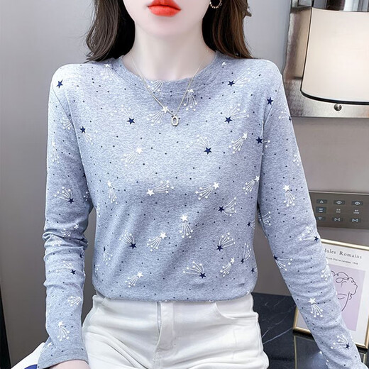 红蜻蜓纯棉时尚印花打底衫女长袖秋季新款修身百搭圆领T恤内搭上衣 DD1396#（灰色）长袖 XL 【建议121-130斤】