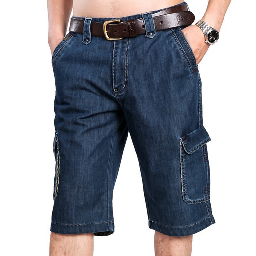 Jeep (JEEP) casual shorts men's denim straight loose multi-pocket work pants fashionable summer thin cropped pants 753 dark blue 36