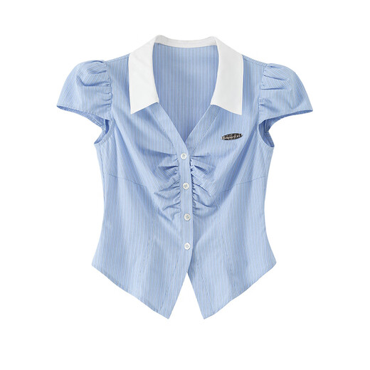 Banana cici 2024 Sommer Neues heißes Mädchen College-Style Kontrast gestreiftes Taille kurzärmelige Hemd Top C242CS684 Blauer Streifen L.
