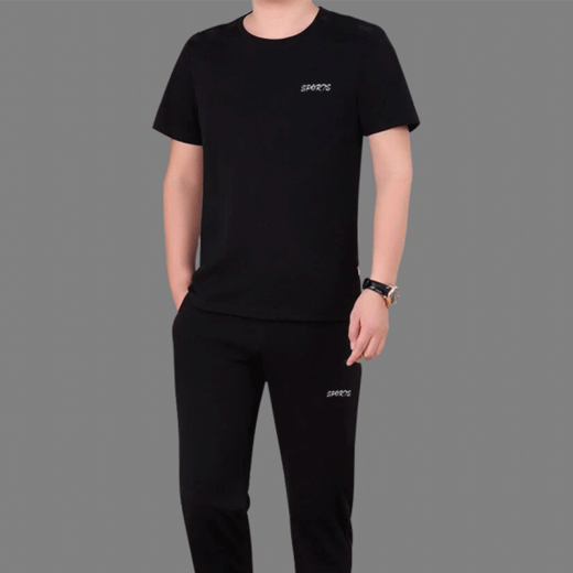 MZUK short-sleeved t-shirt men's suit summer round neck slim half-sleeved bottoming shirt men's half-sleeved T-shirt black (short sleeves + shorts) XL (125-145Jin [Jin equals 0.5 kg])