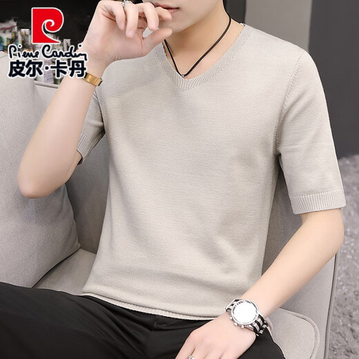 皮尔卡丹短袖毛衣男韩版v领春秋季潮流打底衫青年修身2024新款半袖针织衫 9902米色 2XL
