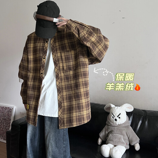 Shelley Jones港风chic格子衬衫男生长袖日系原宿风复古潮牌宽松百搭衬衣送男友 C9732黄咖格加绒 XL [建议125-145斤]