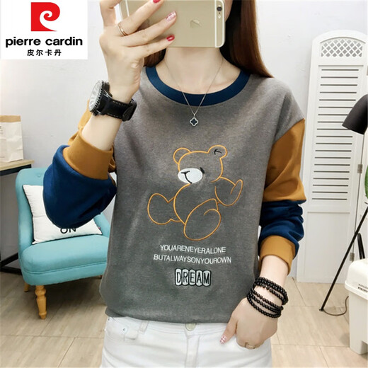 Pierre cardin round neck women's sweatshirt 2025 new spring and autumn pullover women's spring and autumn thin large size long-sleeved top for women Lake Green 6189 XL suitable for 115-125Jin [Jin equals 0.5 kg]
