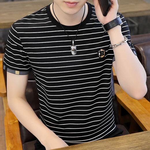 Juecho Pure Cotton New Striped Short Sleeve T-Shirt Herren Sommer Trendy Slim Sweatshirt Korean Round Neck T-Shirt Top Black XL (125jin [Jin entspricht 0,5 kg] -140jin [Jin gleich 0,5 kg]))