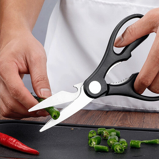 Chuangmu Ciseaux d'atelier en acier inoxydable robustes pour os de poulet, ciseaux de cuisine multifonctions pour poulet, canard, os de poisson, ciseaux pour aliments végétaux, ciseaux pour aliments complémentaires, ciseaux de cuisine noirs + couteau à fruits + raboteuse à melon