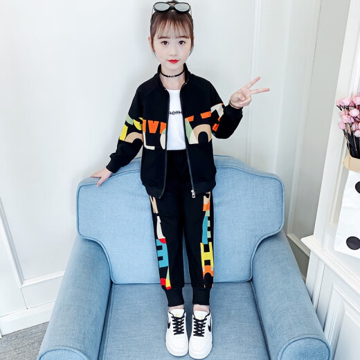 Sanyedou (SANYEDOU) Girls' Autumn Clothing Set New Children's Sports Suit for Big Children and Girls Western-style Jacket and Pants Spring and Autumn Two-piece Set Black 150cm