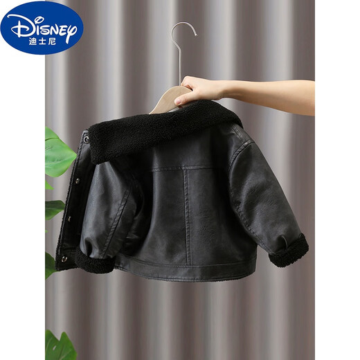 Disney (Disney) 2-15 year old boys leather jacket 2024 new winter plus velvet children's clothing boy thickened baby fur integrated khaki 90cm
