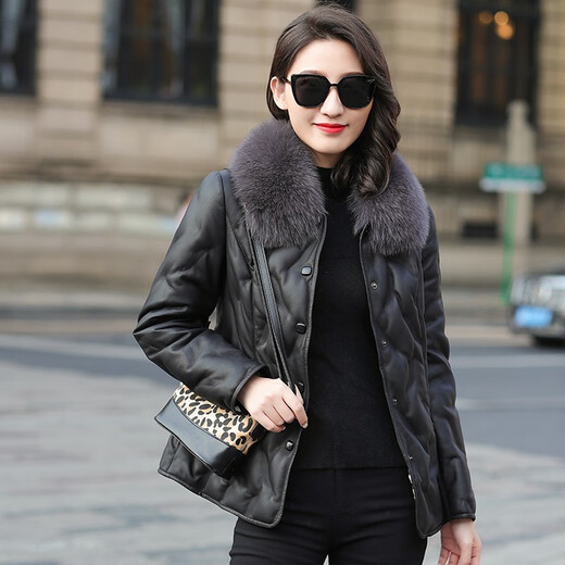 Zhe Shifan Haining Leather Jacket Winter 2025 New Fox Fur Collar Fur Slim Sheep Leather Down Jacket Women's Short Black XL 116Jin Jin equals 0.5kg --125Jin Jin equals 0.5kg