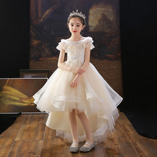 Chuangjingyi chose children's dress princess skirt catwalk tailgirls dress domineering front short back long show costume children's champagne color [TW683 tailgirls] 110cm