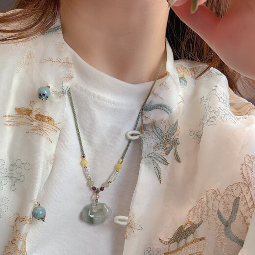 DING FEI New Chinese Style Jade Pendant Necklace Women's Peaceful Button Buddha Pullable Adjustable Gourd Clavicle Chain Long Sweater Chain Golden Silk Jade Peach Blossom Stuffed Nothing Brand (1 piece) B03-303