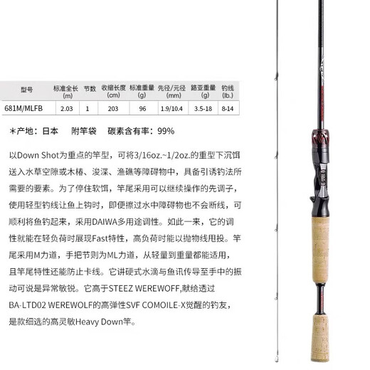 达亿瓦（DAIWA）路亚竿STEEZ RACING DESIGN RD日本进口竟赛级用竿独节钓鱼竿子 2.03m /RD 681MMLFB