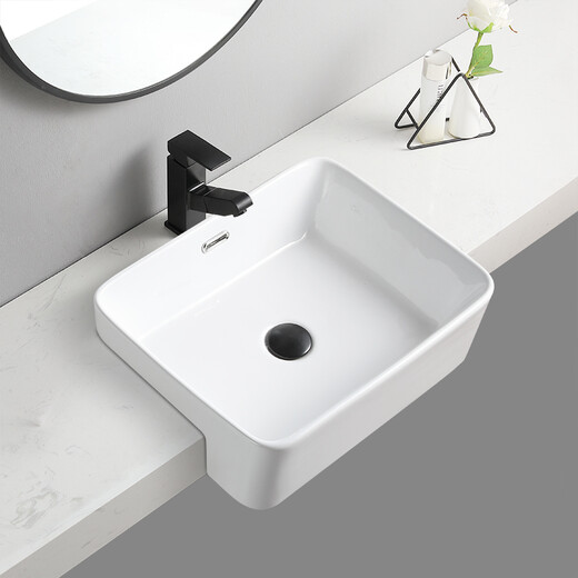 Inviil SEMI-EMBEDDED WASH BASIN Céramique de salle de bain COMPTENDRE SALLE SALLE SALLE SMAL SMAL SMALON LAVE BOURIEUR BOURIEUR BASIN SEMI-HUNG UN STYLE BASIN SEMI-HUNG 4837 (avec des trous de trop-plein) + Black Pull-Pull Rotating Faucet (Note blanche)