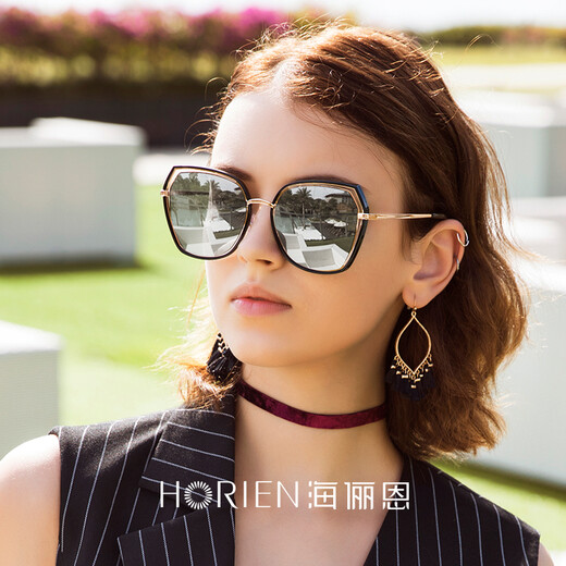 海俪恩 偏光太阳镜女新品墨镜大脸显瘦防紫外线网红司机开车专用驾驶镜多边形镂空可配近视镜N6621 【黑框+水银膜】N6621-N16P(偏光)