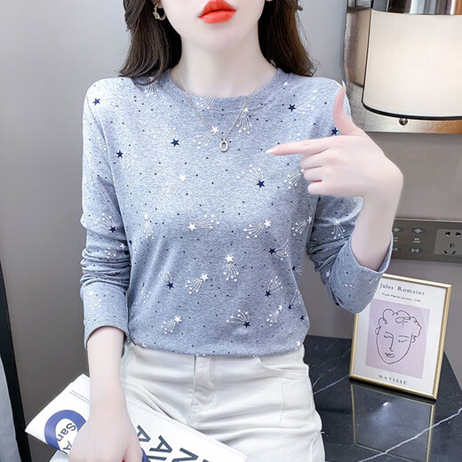 红蜻蜓纯棉时尚印花打底衫女长袖秋季新款修身百搭圆领T恤内搭上衣 DD1396#（灰色）长袖 XL 【建议121-130斤】