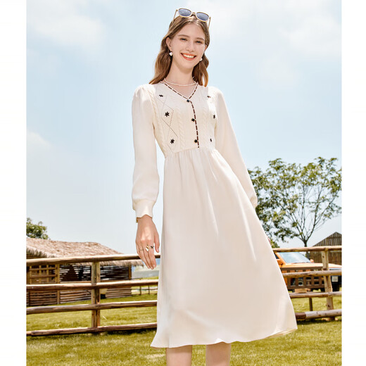 Betu women's autumn new dress temperament stitch stitch fake two-piece waist dress for women 2309T88 light apricot S