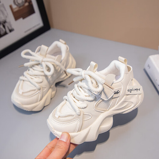 Spezielle Größe Kinder weiße Schuhe Mädchen Schuhe Neuer Stil Mesh weicher alleiner Mädchen Vaters Sneaker 699 Beige-weißes Hauptbild 33
