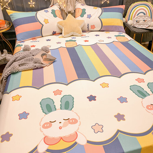 Gudie Cartoon Bed Sheet Single Piece Pure Cotton 1.5 Meter Children's Student Dormitory Quilt Single 100 Cotton Women's Pillow Set L Cute Rabbit Fantasy 120x230cm Version A Single Bed Sheet Suitable for 0.8/0