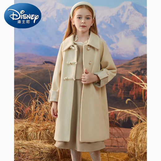 Disney Girls' Woolen Coat Autumn and Winter New Style Western Style Large Children's Woolen Coat Thickened Cotton Mid-Length Winter Clothes Beige Single Layer Lining 120