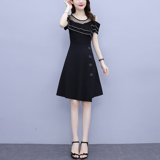 WeiLuoXuan (WeiLuoXuan) 2025 summer new dress for women with ruffle off-shoulder mesh splicing fashionable light luxury temperament covering belly 6231 picture color L Recommended 98-115Jin [Jin equals 0.5 kg]