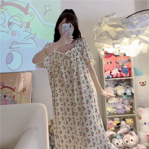 夏季天公主风中长款睡裙女生2025年新款可爱小熊纯棉花边日系睡衣 qs裙#9871带胸垫 L l 推荐100-120斤穿